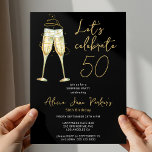 Modern black gold 50th birthday party  invitation<br><div class="desc">Elegant faux gold trendy handwriting script let's celebrate 50 years black birthday party invitation with champagne flutes.</div>