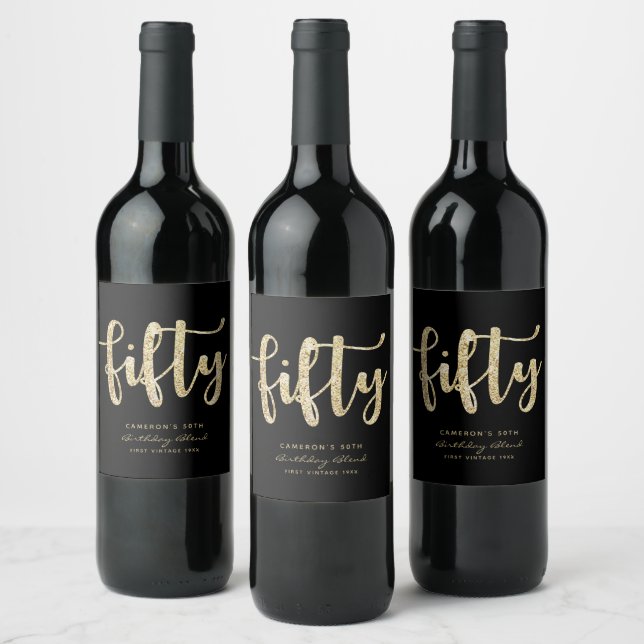 Modern Black & Gold 50th Birthday Personalized Wine Label (Bottles)