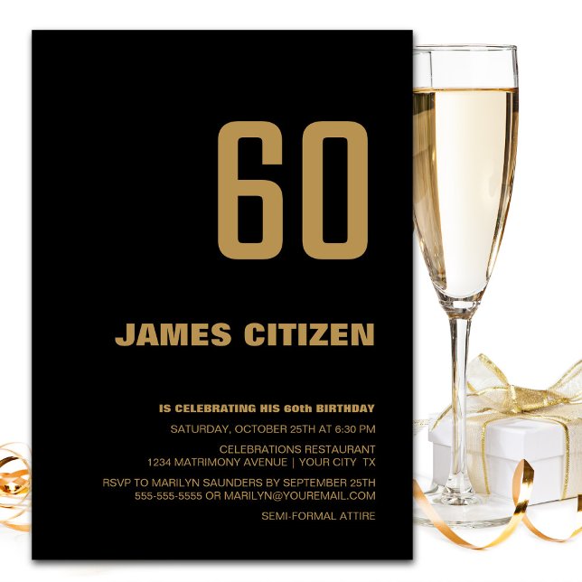 Modern Black Gold 60th Birthday Party Invitation (Creator Uploaded)