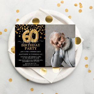 Modern Black & Gold 60th Surprise Birthday Photo Invitation