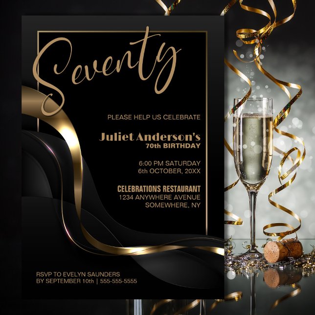 Modern Black Gold 70th Birthday Party Invitation (Creator Uploaded)