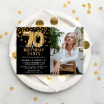 Modern Black & Gold 70th Surprise Birthday Photo Invitation<br><div class="desc">Modern black and gold surprise birthday party invitation for someone who is turning 70! Featuring a black background,  a photograph of the birthday man/woman,  faux gold glitter confetti,  gold 70th birthday balloons and an elegant birthday template that is easy to customize.</div>