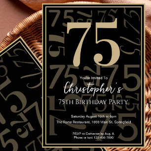 Modern Black Gold 75th Birthday Invitation For Him