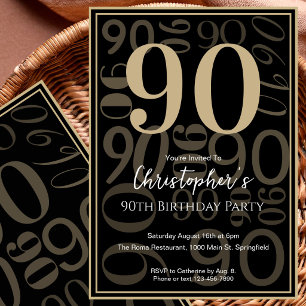 Modern Black Gold 90th Birthday Invitation For Him