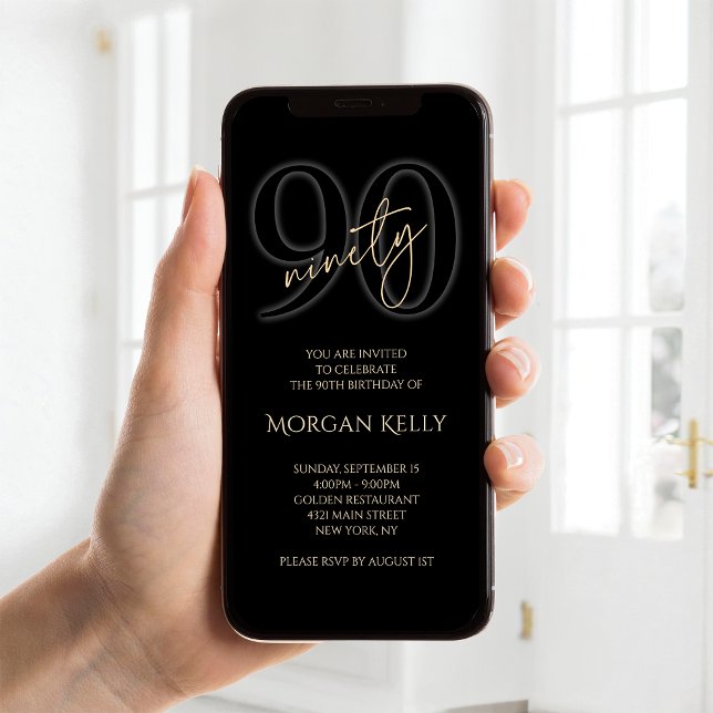 Modern Black Gold 90th Birthday Mobile Invite (Modern Black Gold 90th Birthday Mobile Invite)