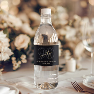 Modern Black Gold 90th Birthday Party Water Bottle Label