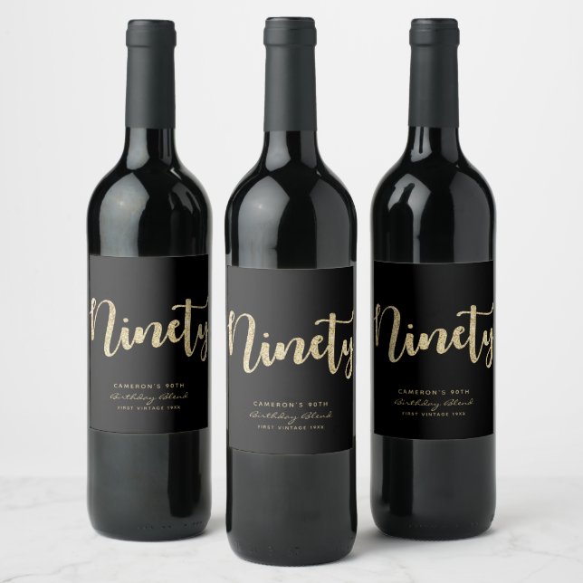 Modern Black & Gold 90th Birthday Personalized Wine Label (Bottles)