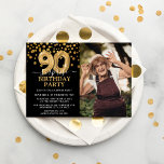 Modern Black & Gold 90th Surprise Birthday Photo Invitation<br><div class="desc">Modern black and gold surprise birthday party invitation for someone who is turning 90! Featuring a black background,  a photograph of the birthday man/woman,  faux gold glitter confetti,  gold 90th birthday balloons and an elegant birthday template that is easy to customize.</div>