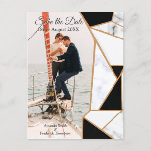 Modern Black Gold Abstract on White Marble Announcement Postcard