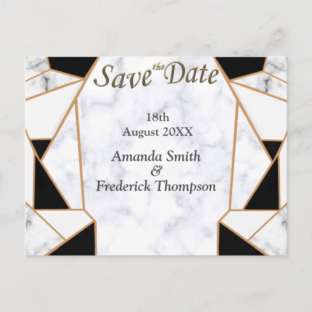 Modern Black Gold Abstract on White Marble Announcement Postcard (Front)