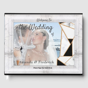 Modern Black Gold Abstract on White Marble Guest Book