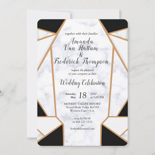 Modern Black Gold Abstract on White Marble Invitation (Front)