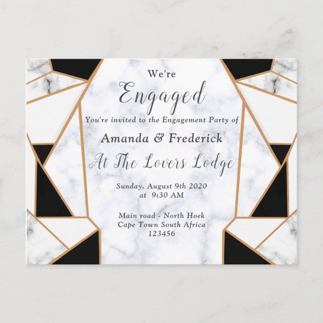 Modern Black Gold Abstract on White Marble Invitation Postcard (Front)