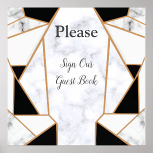 Modern Black Gold Abstract on White Marble Poster