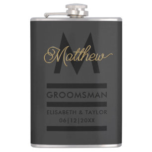 Modern Black & Gold Add Name & Monogram Groomsmans Hip Flask