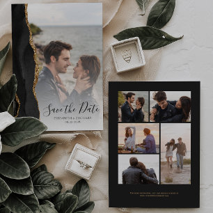 Modern Black Gold Agate 6-Photo Save the Date Card