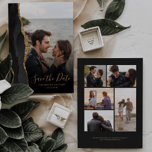 Modern Black Gold Agate 6-Photo Save the Date Card