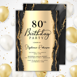 Modern Black Gold Agate 80th Birthday Invitation
