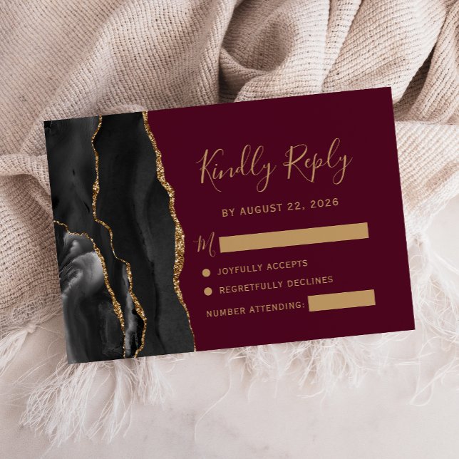 Modern Black Gold Agate Burgundy Wedding RSVP Card (Creator Uploaded)