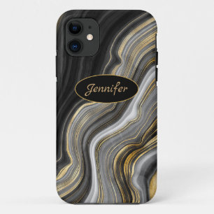 Modern Black & Gold Agate Crystal Personalize iPhone 11 Case