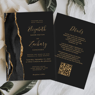 Modern Black Gold Agate Dark QR Code Wedding Invitation
