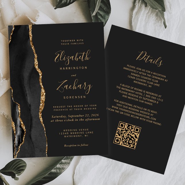 Modern Black Gold Agate Dark QR Code Wedding Invitation (Creator Uploaded)