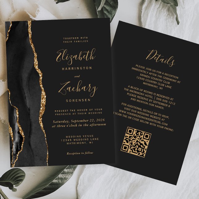 Modern Black Gold Agate Dark QR Code Wedding Invitation (Creator Uploaded)