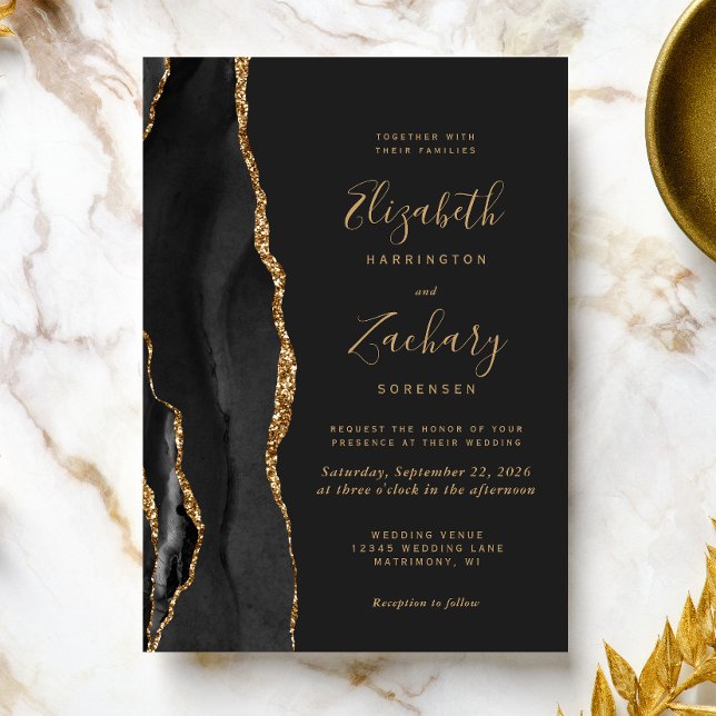 Modern Black Gold Agate Dark Wedding Invitation (The perfect choice for a black and gold themed wedding.)