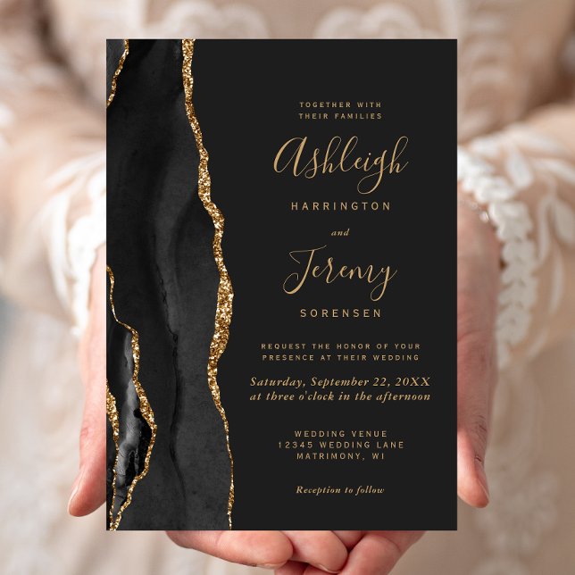 Modern Black Gold Agate Dark Wedding Invitation (Creator Uploaded)