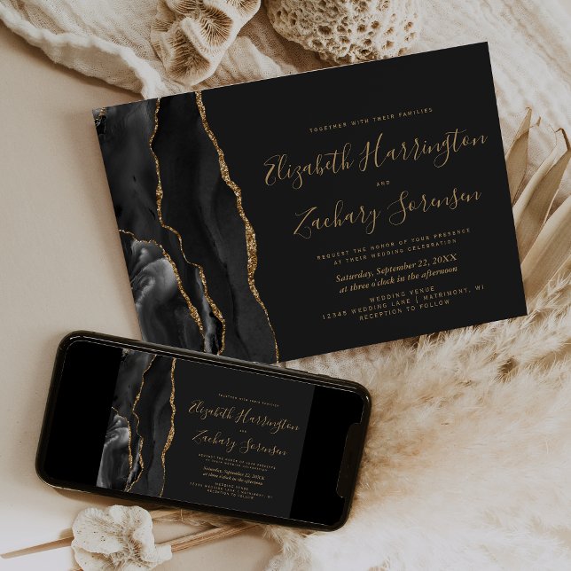 Modern Black Gold Agate Dark Wedding Invitation (Creator Uploaded)