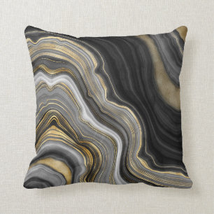 Modern Black & Gold Agate Gemstone Throw Pillow