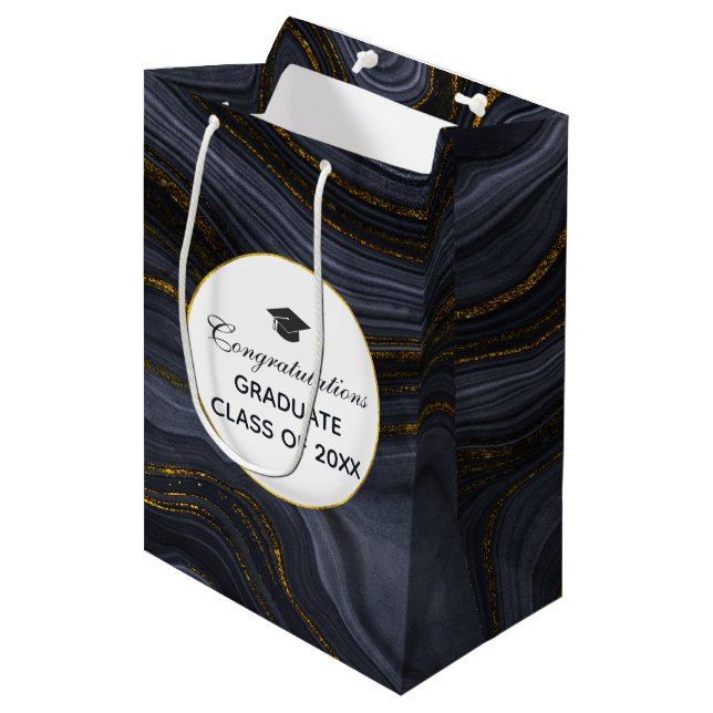 Modern Black & Gold Agate Graduation Cap Medium Gift Bag (Front Angled)
