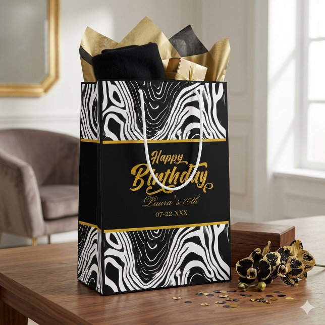Modern Black & Gold Agate Happy Birthday  Medium Gift Bag (Creator Uploaded)