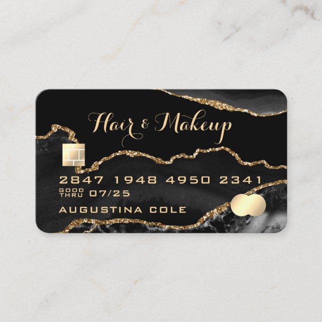Modern Black Gold Agate Marble Faux Credit Card (Front)