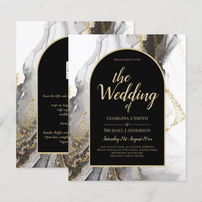 Modern Black Gold Agate Marble Glitter Wedding (Front/Back)