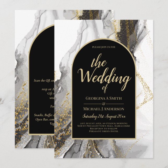 Modern Black Gold Agate Marble Glitter Wedding Invitation (Front/Back)
