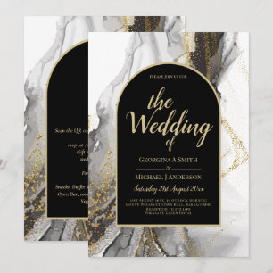 Modern Black Gold Agate Marble Glitter Wedding Invitation