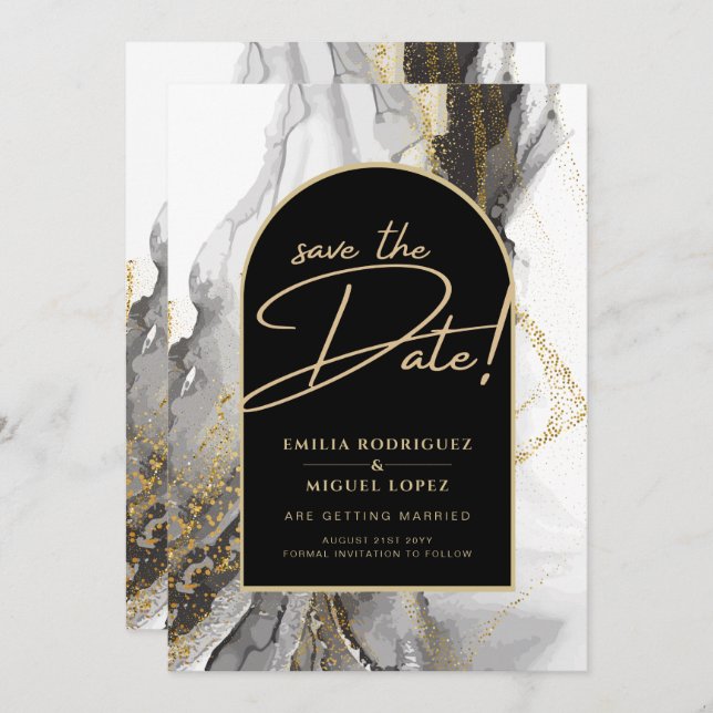 Modern Black Gold Agate Marble Glitter Wedding Invitation (Front/Back)