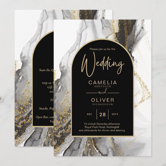 Modern Black Gold Agate Marble Glitter Wedding Invitation (Front/Back)