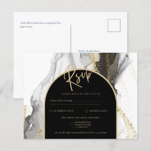 Modern Black Gold Agate Marble Glitter Wedding Postcard