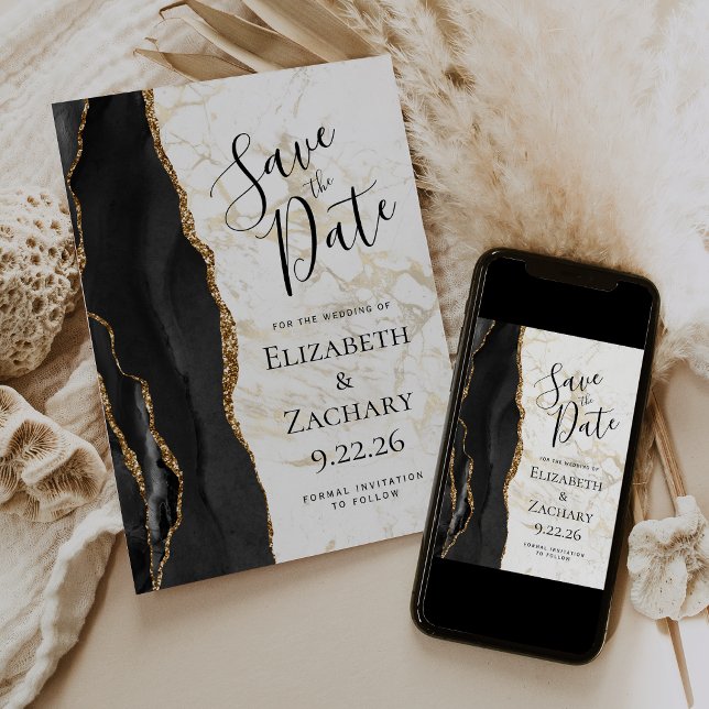 Modern Black Gold Agate Marble Save the Date (Creator Uploaded)