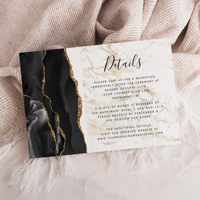 Modern Black Gold Agate Marble Wedding Details Enclosure Card (Creator Uploaded)