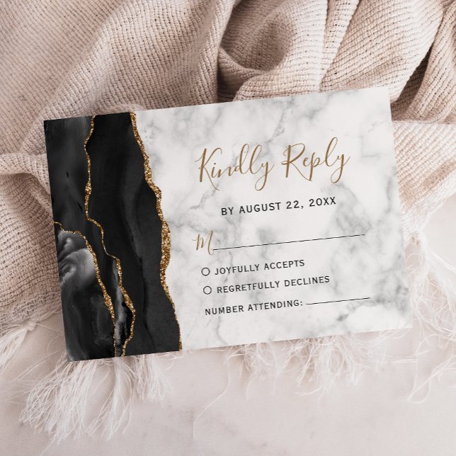 Modern Black Gold Agate Marble Wedding RSVP Card (Creator Uploaded)