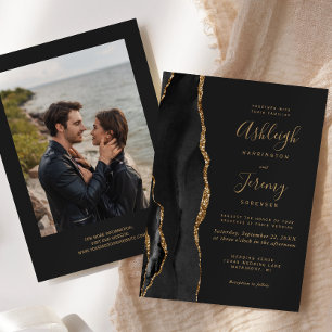 Modern Black Gold Agate Photo Dark Wedding Invitation