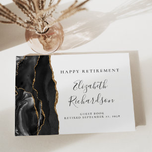 Modern Black Gold Agate Script Retirement Guest Book