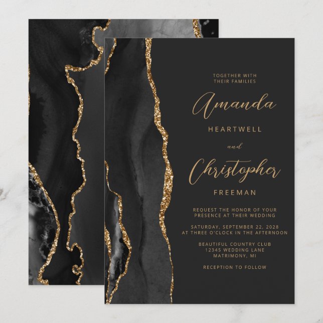 Modern Black Gold Agate Script Slate Wedding Invitation (Front/Back)