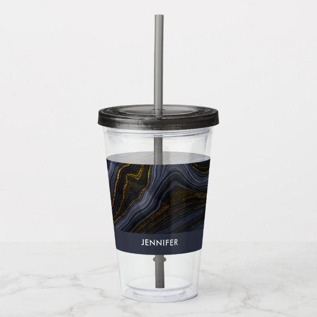 Modern Black & Gold Agate Stone Abstract Acrylic Tumbler (Front)