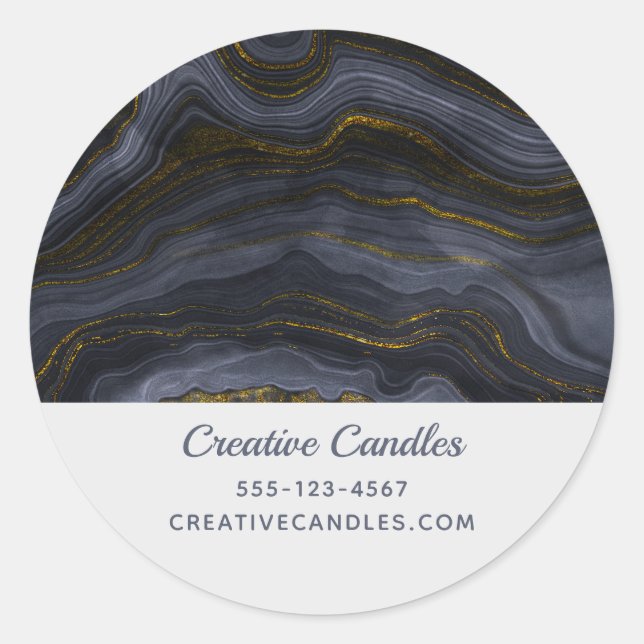 Modern Black & Gold Agate Stone Abstract Business Classic Round Sticker (Front)