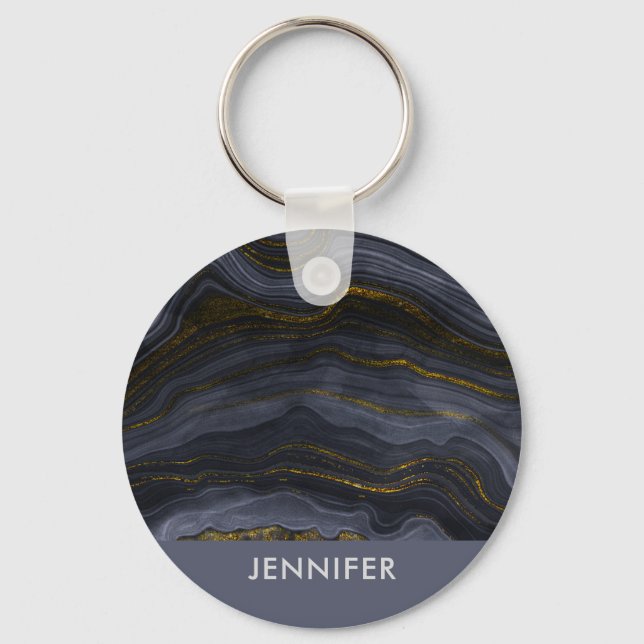Modern Black & Gold Agate Stone Abstract Keychain (Front)
