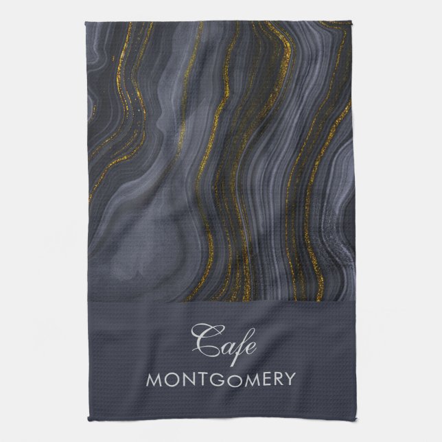 Modern Black & Gold Agate Stone Abstract Kitchen Towel (Vertical)